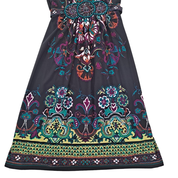 ECI New York Black Floral Bohemian Boho Beaded Sleeveless Shift Dress sz8 - Picture 5 of 9